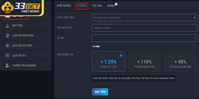 Nạp Tiền 33BET - Chi Tiết Quy Trình Siêu Nhanh Và An Toàn 1 Nạp tiền cực dễ qua ngân hàng và đảm bảo an toàn tuyệt đối